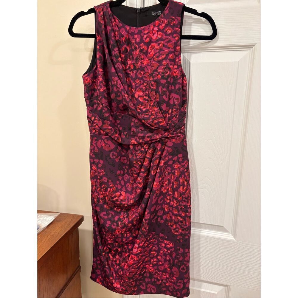 Badgley Mischka Womens Abstract Gathered Sleeveless Sheath Dress Red Purple Sz 2